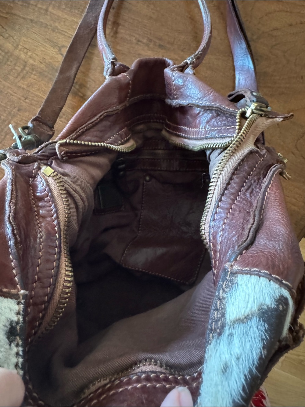 Campomaggi Brown Leather and Cowhide Patchwork Tote Bag w/ crossbody strap - Picture 5 of 11